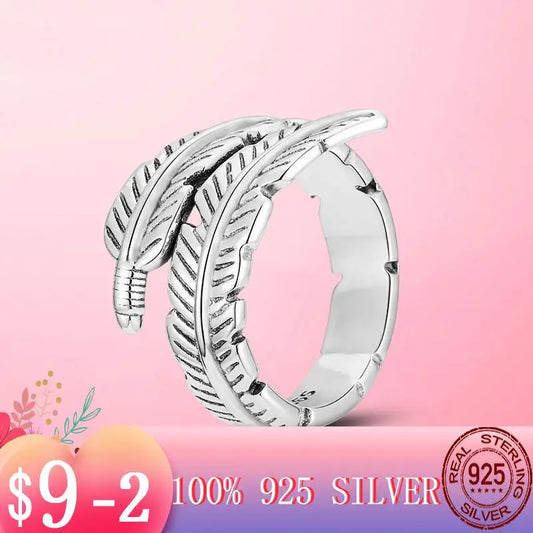 2023 Hot 925 Silver Open Size Ring Silver Finger Ring for Women Classic Feather Wings Wedding Engagement Party Band Ring Jewelry